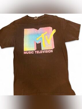 MTV Black Tee with Pink, Yellow & Blue Gradient Logo